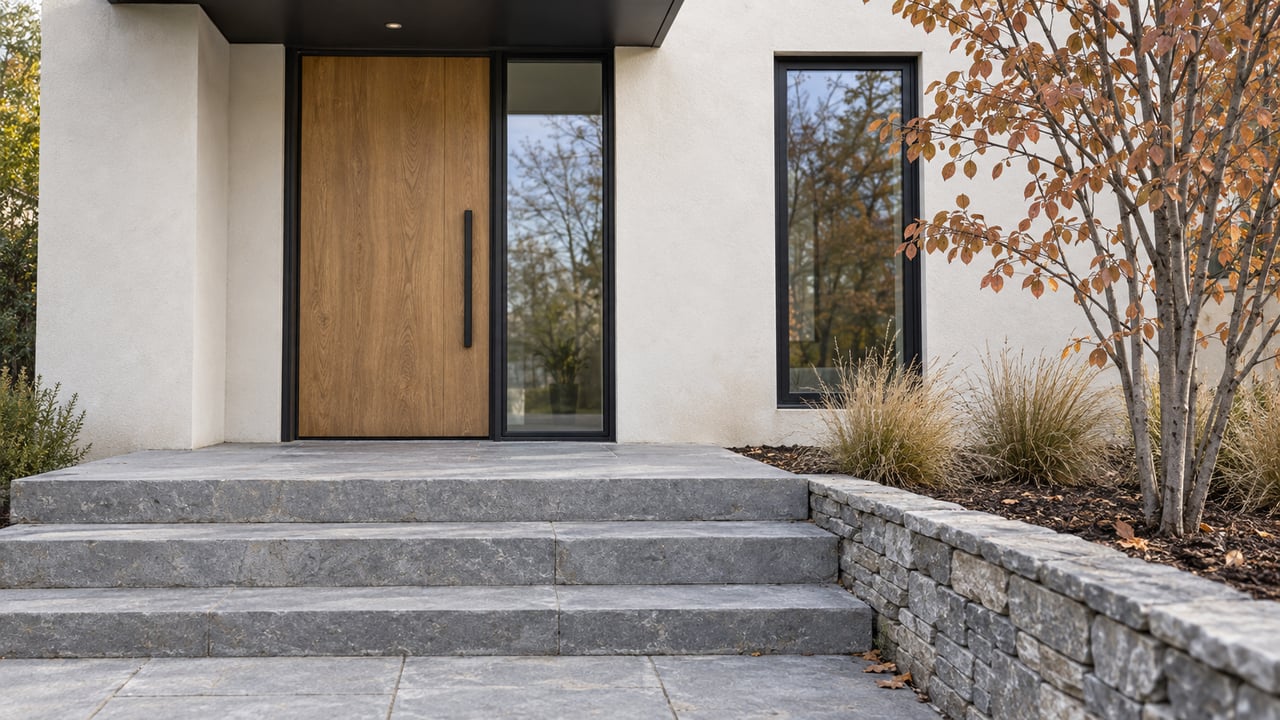 Contemporary home's sheltered oak entry above gray limestone steps, with pale stucco, dark trim and a copper-leaved serviceberry.