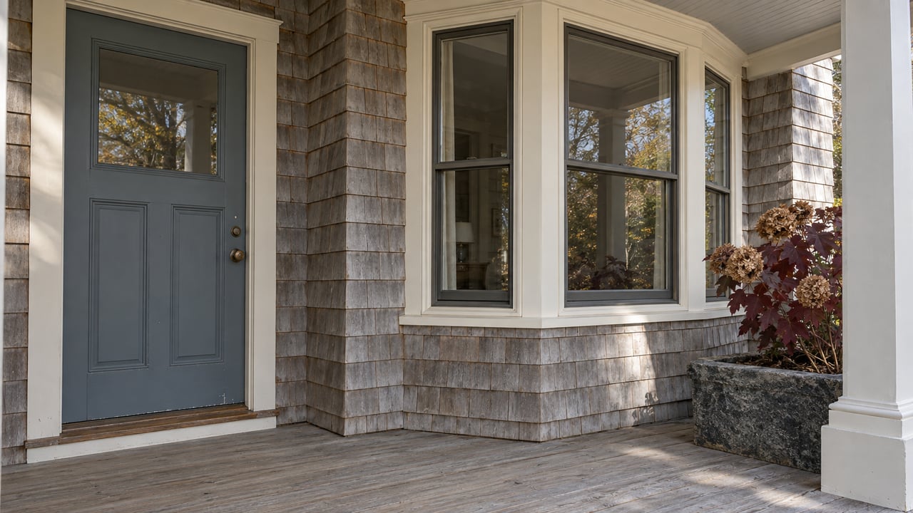 Weathered silver cedar shingles, a blue-gray entry door and a cream-trimmed bay window on a compact covered porch.