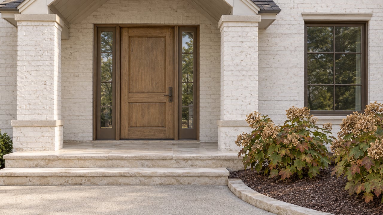 Warm-white brick home entrance with an oak door, paired sidelights, pale limestone steps, and oakleaf hydrangeas in autumn color.