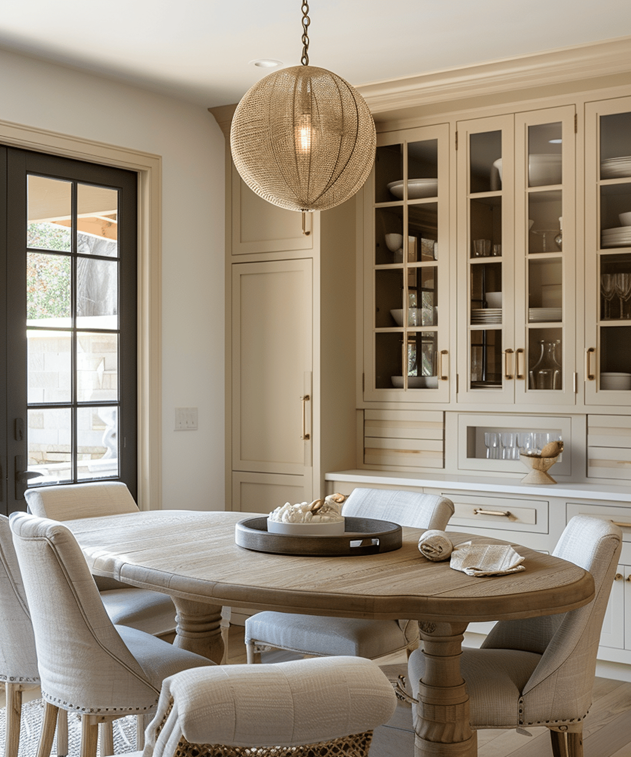 Dining room with a round wood table, cream built-in cabinets, and a woven globe pendant light.