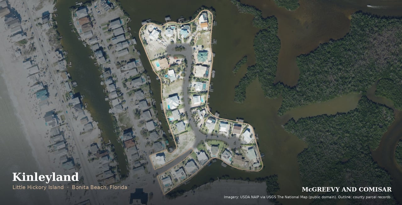 Kinleyland on Kings Kew and Queens Kew, Little Hickory Island, Bonita Beach, Florida, aerial outlined from county parcel records