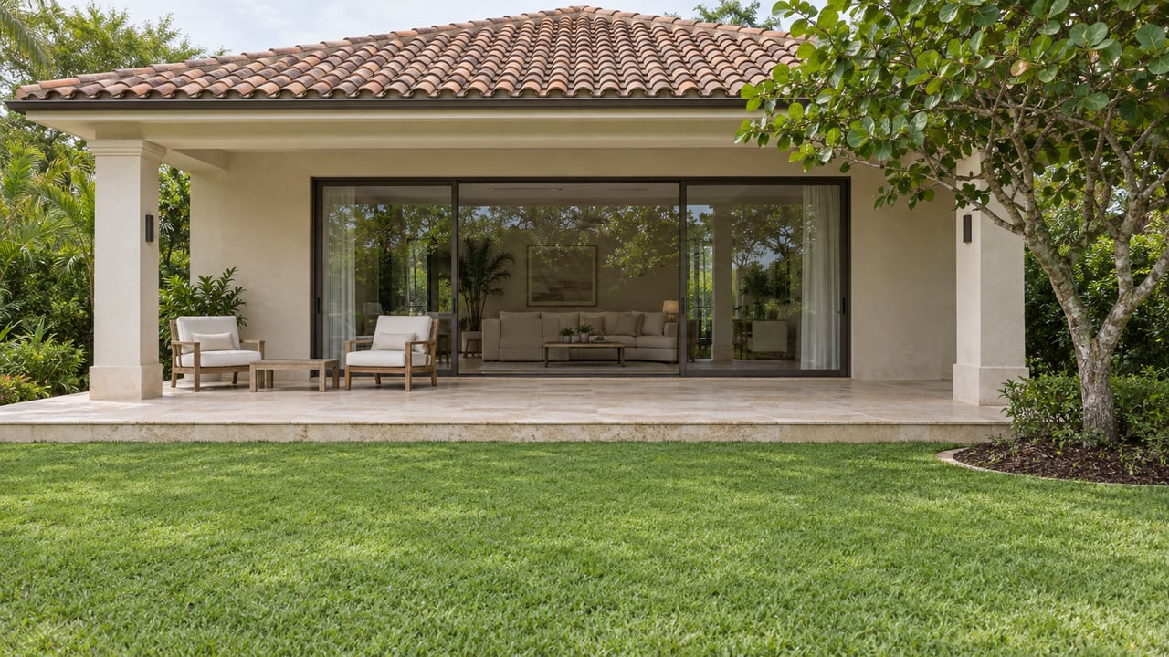 A cream-stucco villa with a terracotta roof, glazed living room and limestone terrace overlooking a deep lawn and a sea-grape tree.