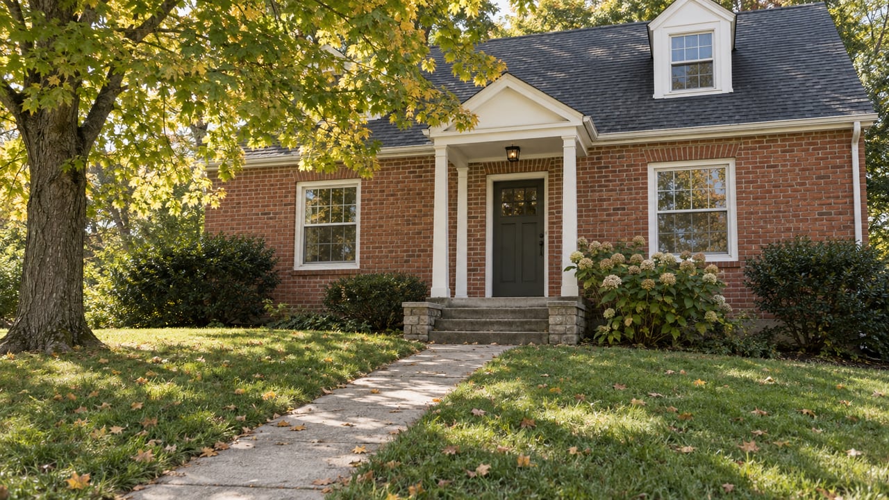 Brick Cape Cod house with a dormer, front porch, sloping lawn, and yellowing maple canopy.