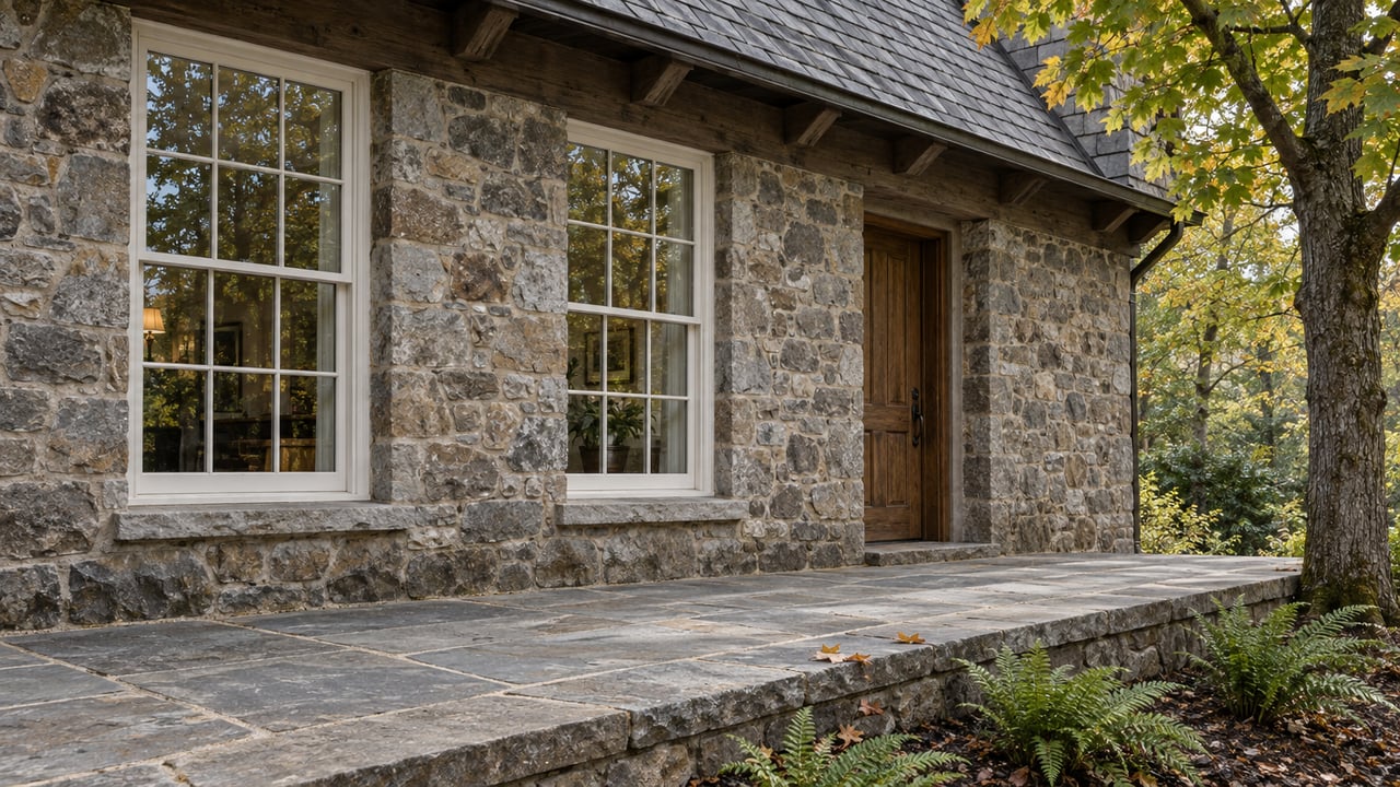 Stone home facade with two multi-pane windows, a recessed oak door and a flagstone terrace edged by maple foliage and ferns.