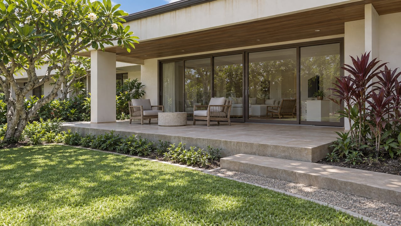 Sunlit garden leading to a shaded condominium terrace with pale stucco, teak chairs and a flowering plumeria tree.