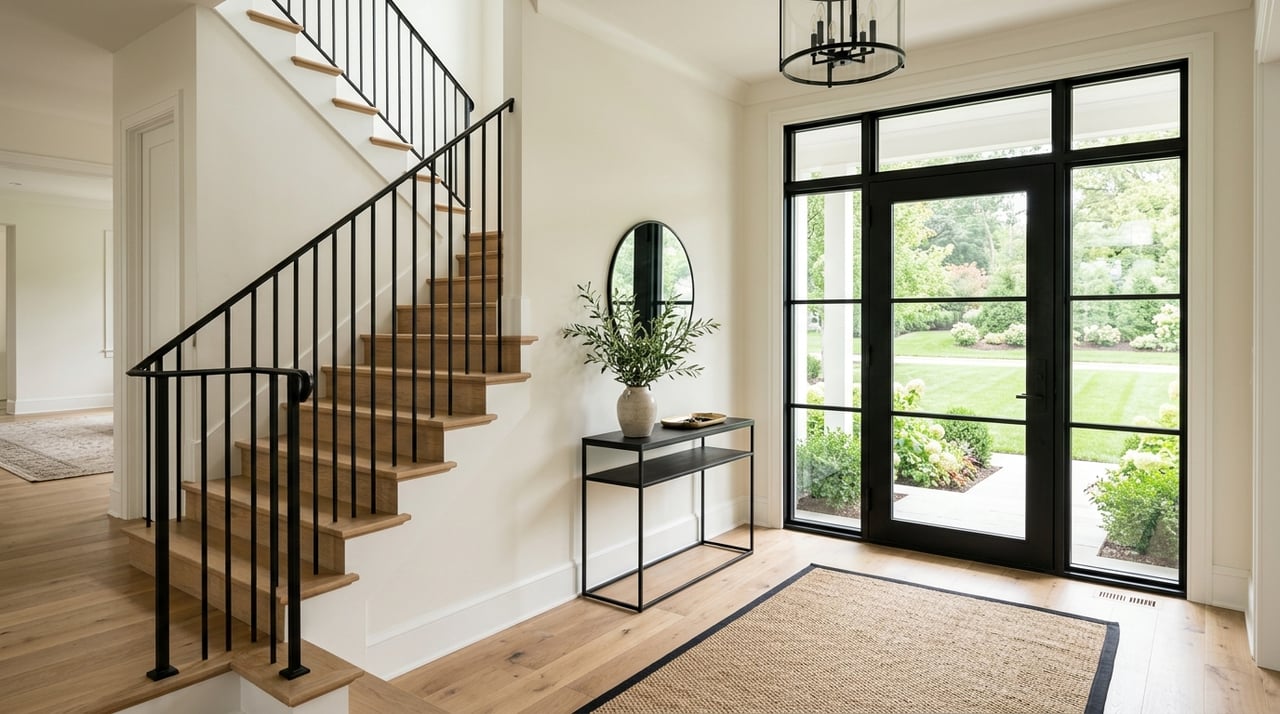 Black-framed front door with brass hardware, oak staircase, and jute rug in a bright foyer.