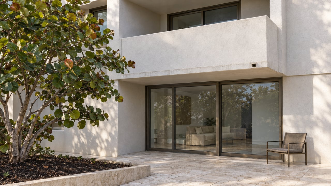 Sunlit condominium facade with recessed balcony, bronze-framed glass doors and a sea grape tree beside a limestone terrace.