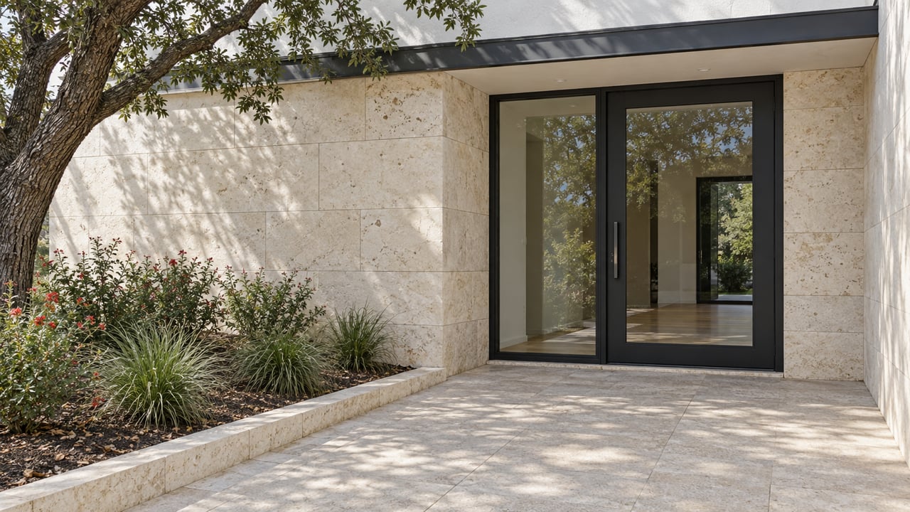 White stucco and pale limestone entry with a black steel-framed glass door, shaded by a sculptural oak beside a planted bed.