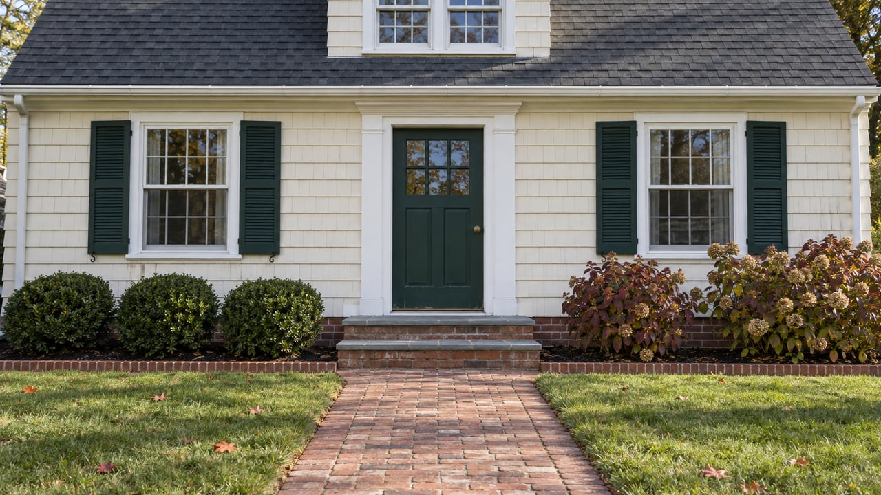 Cream shingle home with green shutters, a brick front walk and autumn foundation planting in morning light.