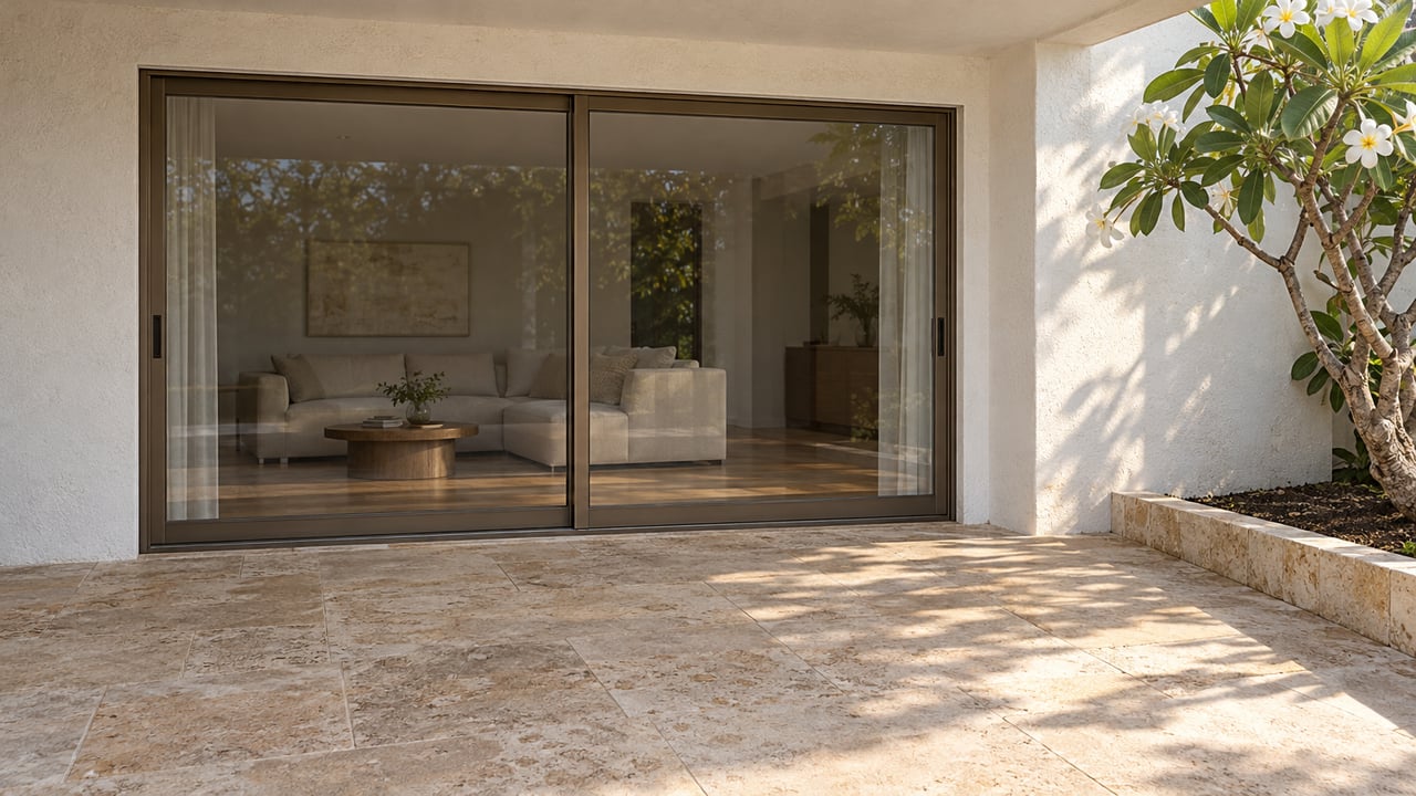 Sunlit limestone patio outside a white-stucco home, with closed bronze-framed glass doors and a flowering plumeria beside a stone-edged planting bed.