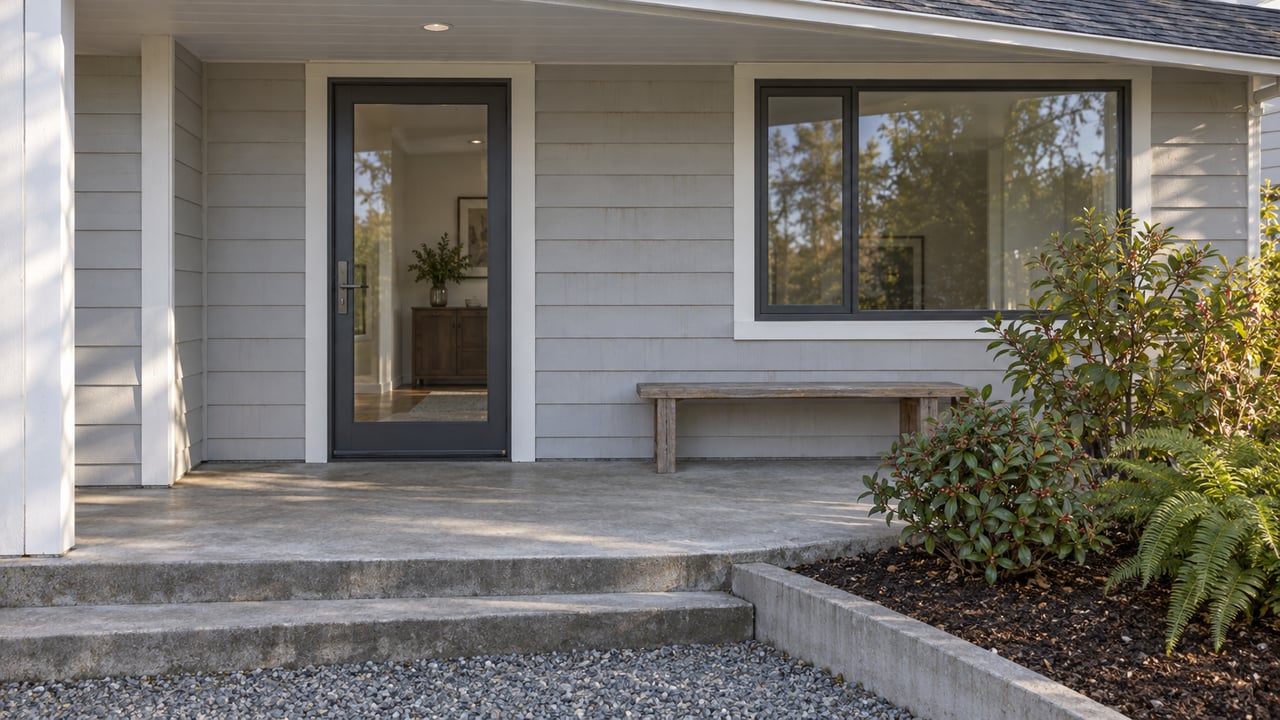 Covered entry of a modest contemporary home with pale siding, glazed door, weathered cedar bench and a fern beside salal shrubs.