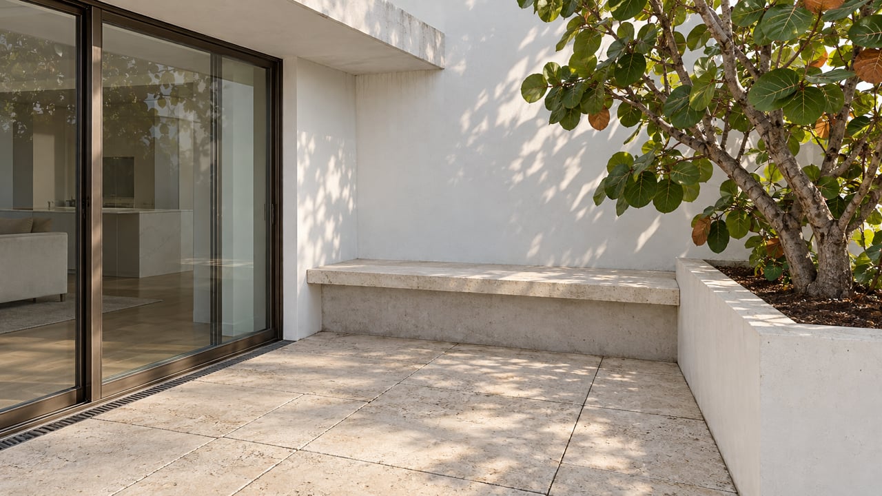 Sunlit limestone terrace beside bronze-framed glass doors, with a stone bench and a sea grape tree in a raised white planter.
