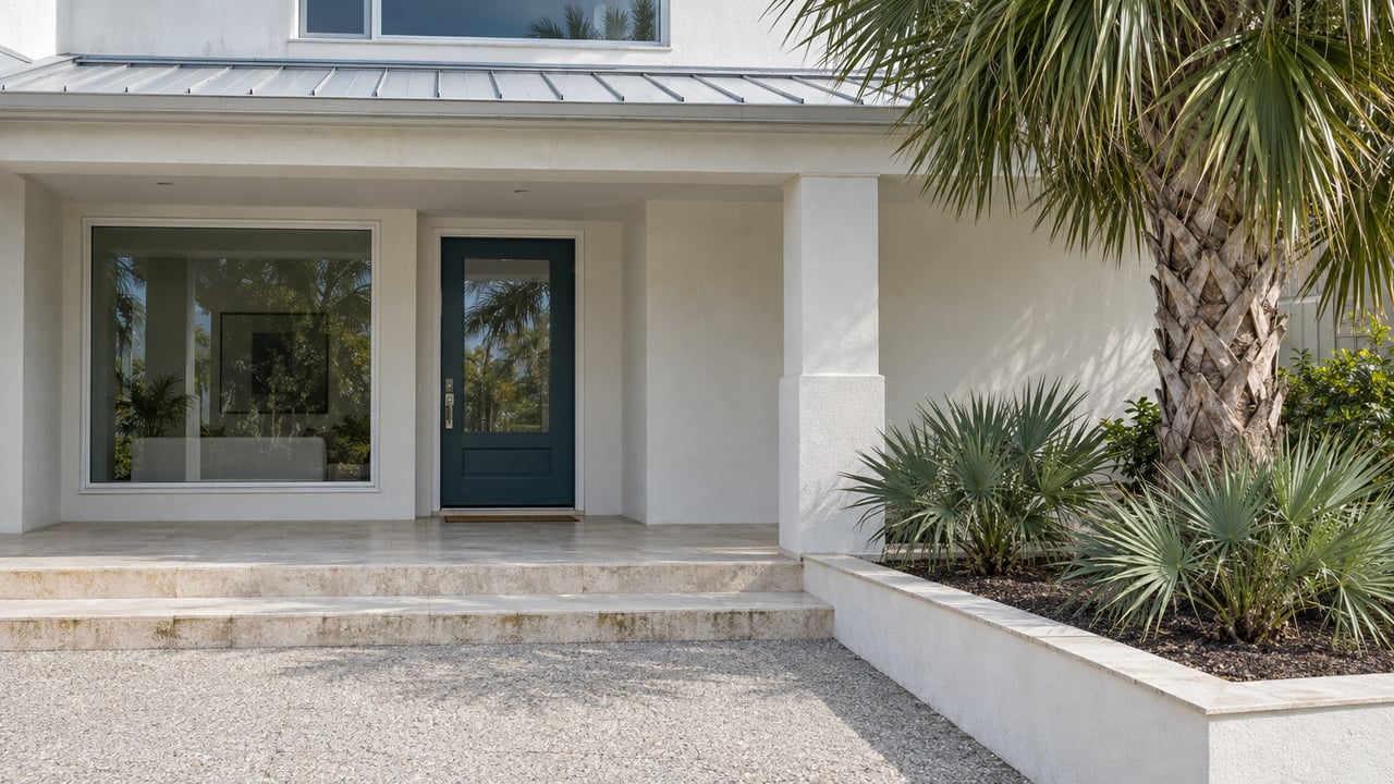 White stucco home with a sheltered blue-green entry, limestone porch steps, shell-aggregate approach and sculptural palms.