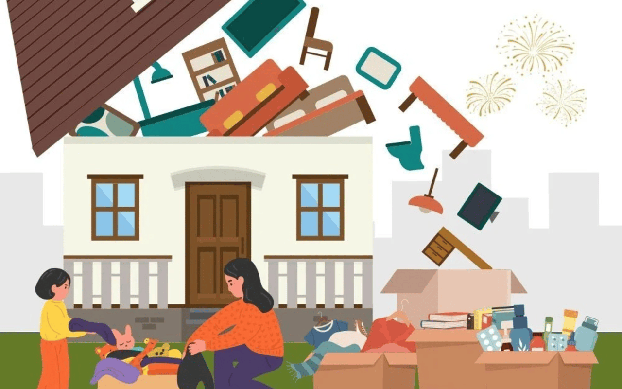 Two people sort household belongings into boxes outside a house, with clutter piled overhead.