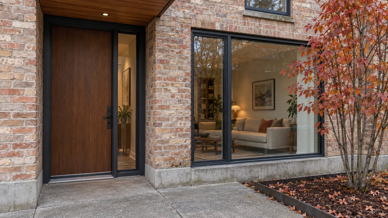 Urban townhouse entry with a dark oak door, brick facade, and copper-red autumn leaves.