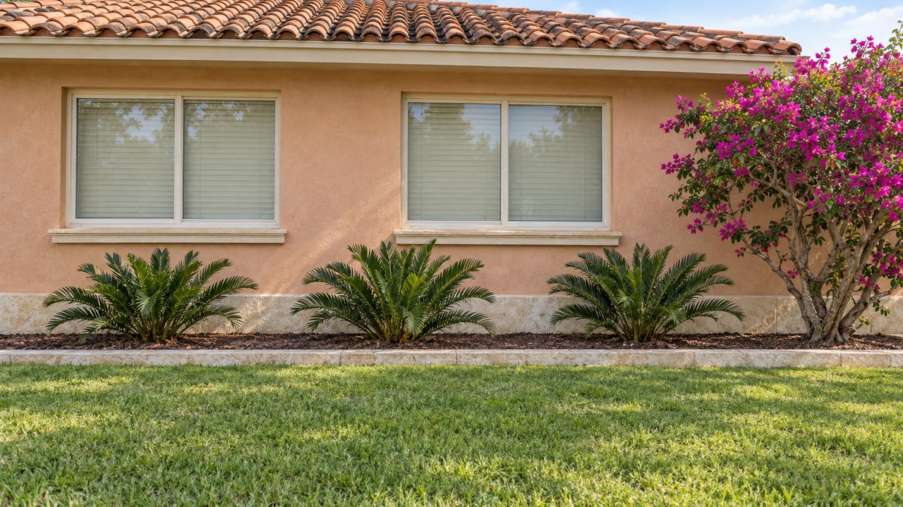 Peach stucco home with weathered terracotta roof tiles, two shaded windows, a broad lawn and flowering bougainvillea.
