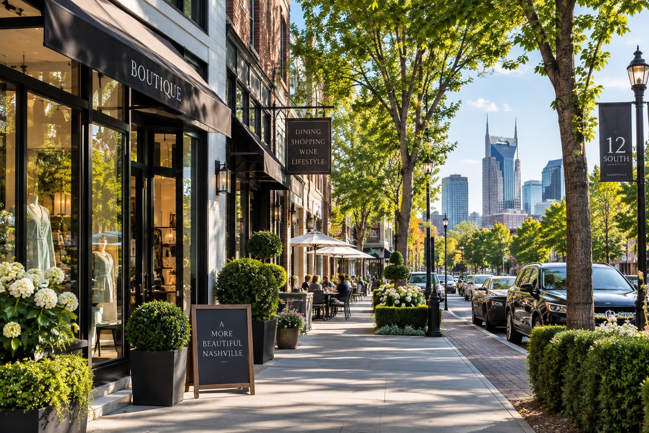 Walkable luxury neighborhood in Nashville featuring upscale boutiques, local dining, tree-lined sidewalks, elegant streetscapes, and convenient access to the city.