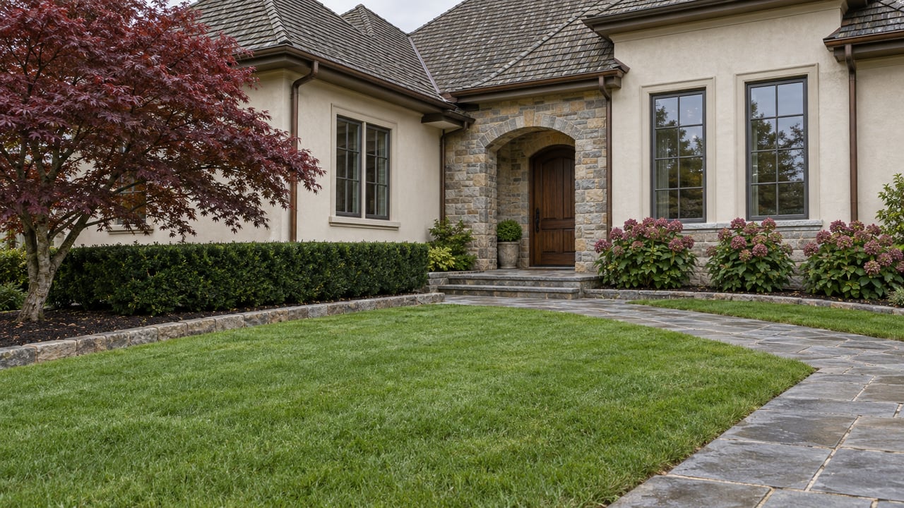 Custom stucco-and-stone home beyond a deep lawn and damp stone walkway, with burgundy maple foliage and faded hydrangea flowers.