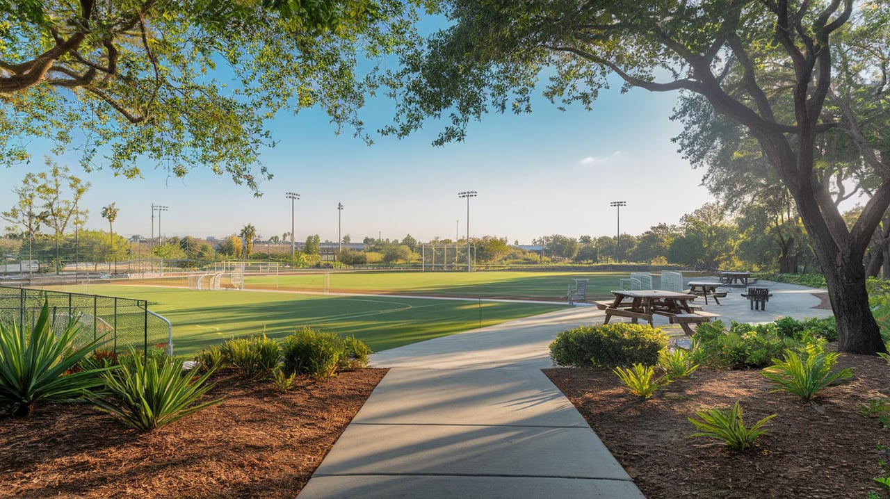 Concrete walkway leads to fenced soccer fields with goalposts, picnic tables, and landscaped beds beneath trees.