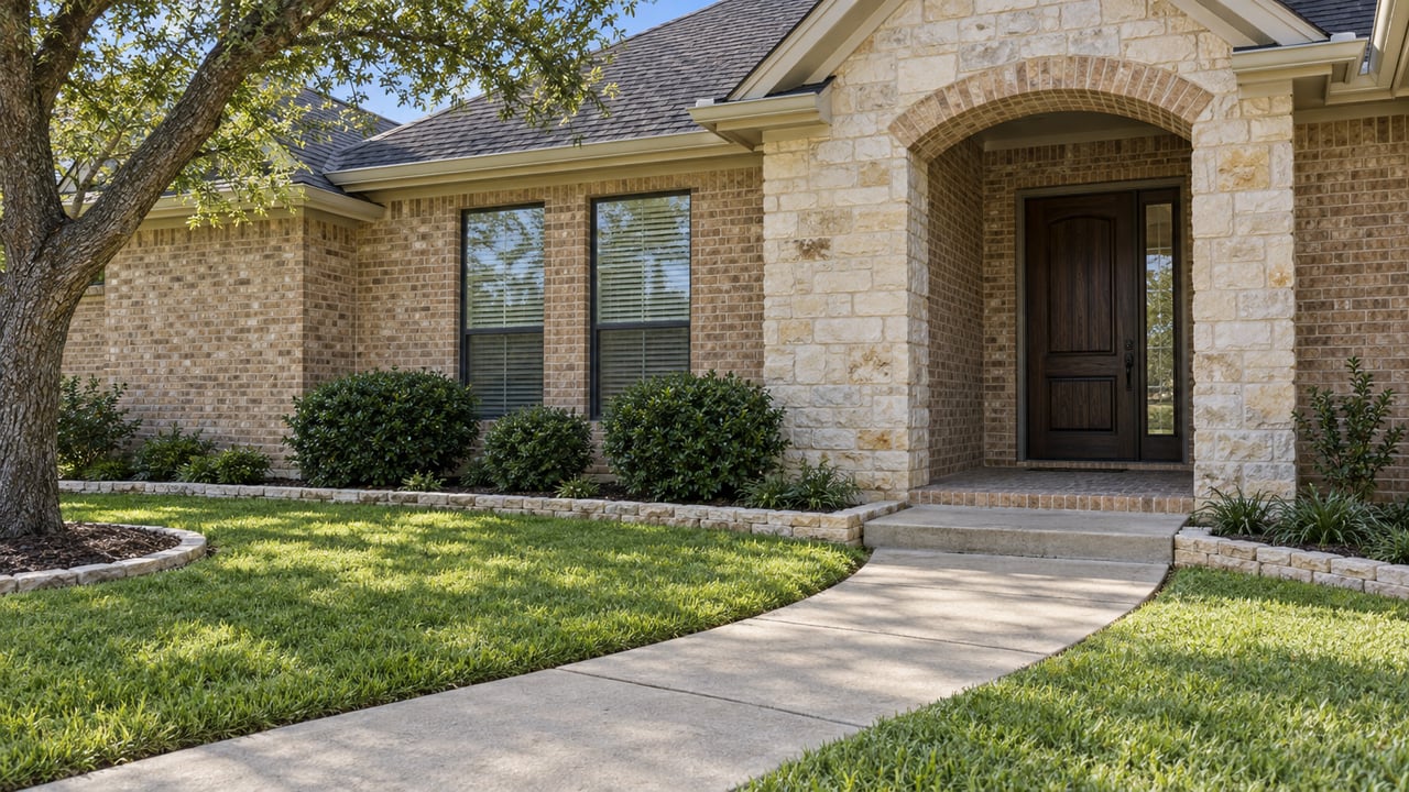 Sunlit brick-and-limestone home with a recessed arched entry, curved concrete walk, lawn and mature live oak.