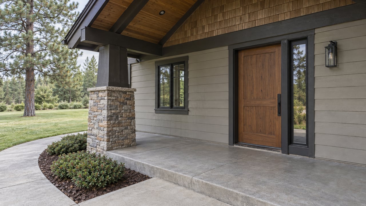 Recessed wood entry door beside a stacked-stone porch pier, with a concrete walk curving toward the lawn.
