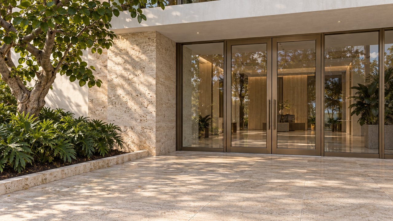 Sunlit luxury residential entry with bronze-framed glass doors, ivory travertine and a sculptural sea grape tree.