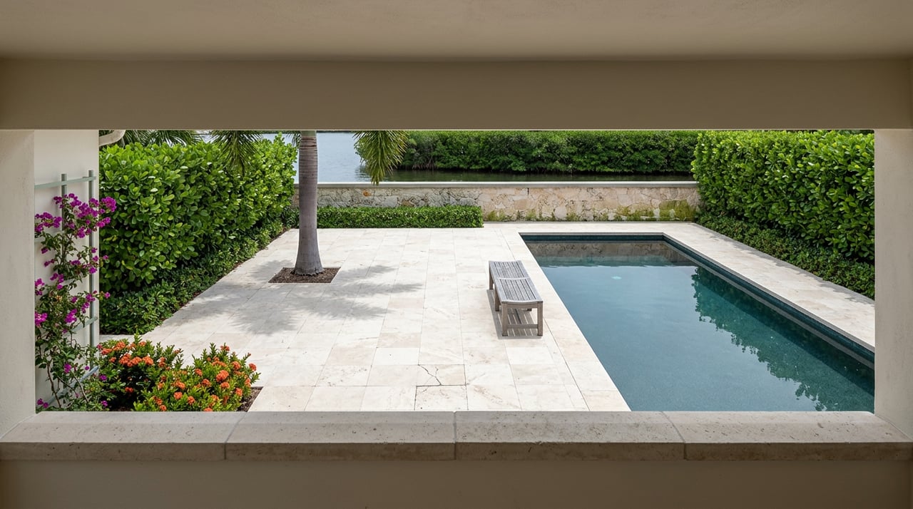 A sunken travertine terrace with a teal lap pool, royal palm, and coral-stone garden wall.