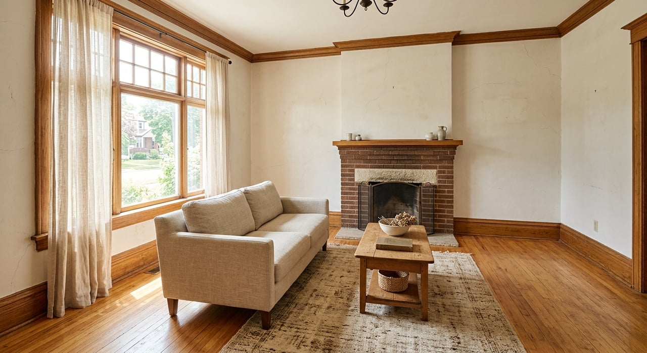 Older living room with an oak-trimmed brick fireplace, walnut coffee table, and leafy trees beyond a window.