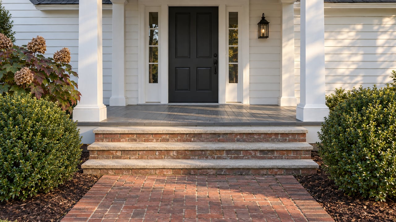 White clapboard entry porch with a charcoal door, paired sidelights, brick steps and carefully shaped boxwoods in warm afternoon light.