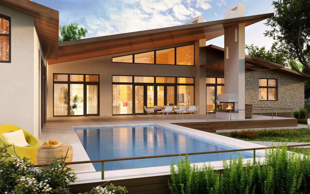 Modern home with a swimming pool, wood-clad roof, and stone exterior.