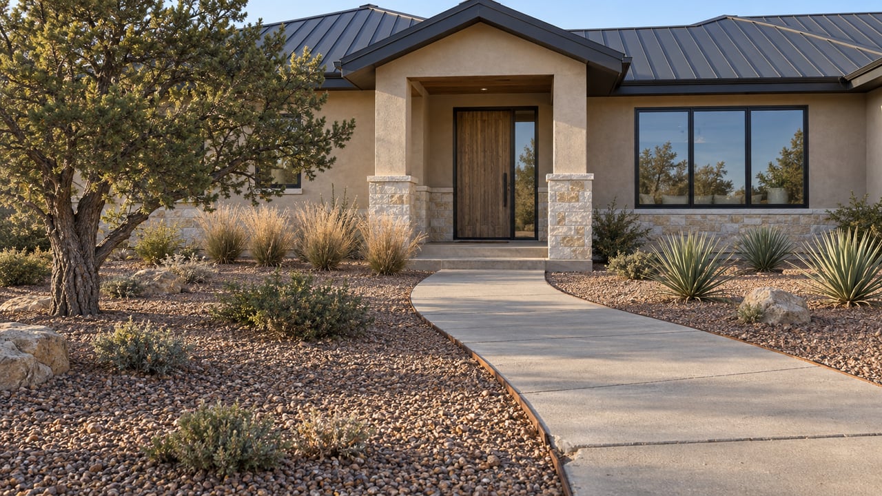Single-story stucco home with a dark metal roof, stone porch, deep gravel forecourt, and a winding concrete approach among pinyon pine and drought-tolerant planting.