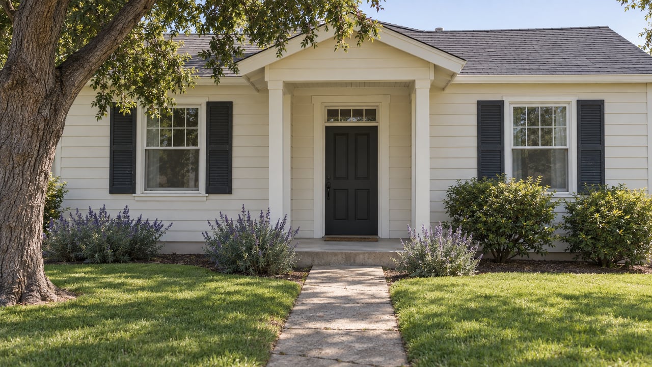 Cream-sided single-story house with a recessed entry, dark shutters, broad lawn, and mature oak at left.