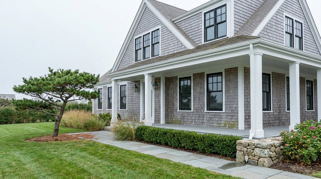 Two-story gray shingle coastal home with white porch columns, fieldstone wall, bluestone path, and sculpted pine.