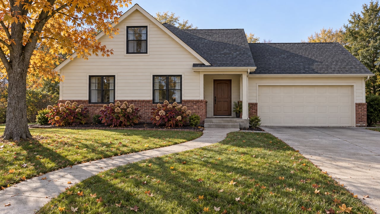 Gabled home with ivory siding, russet brick, an attached garage and a deep autumn lawn beneath an amber maple.
