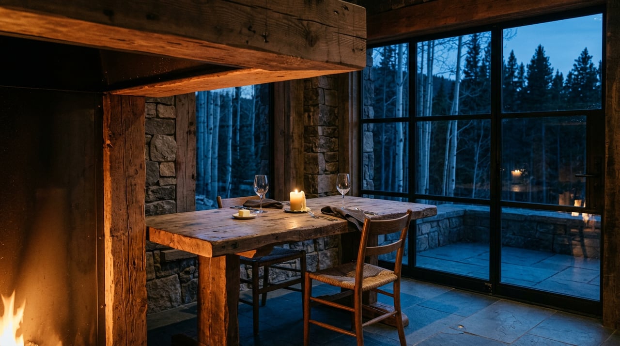 Two-place timber dining table with wine glasses and a candle beside a dusk window overlooking aspen and pine trees.