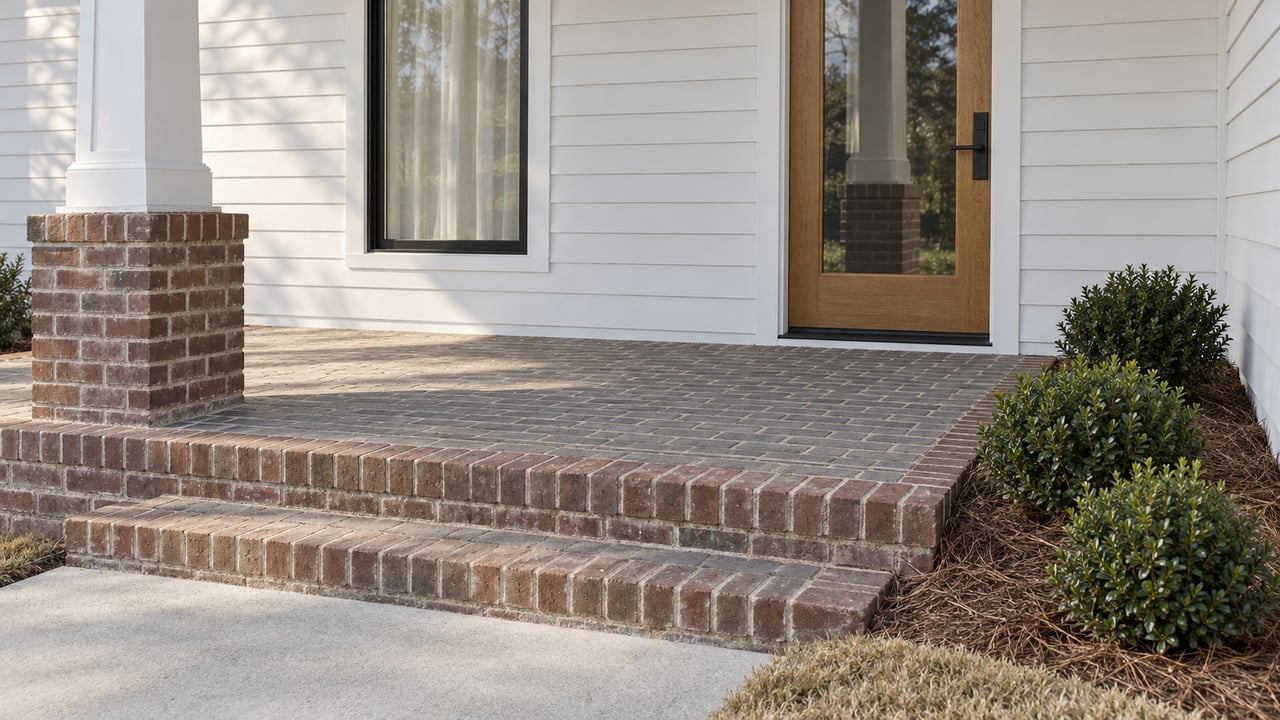 White-sided home entry with a glazed oak door, brick porch steps and three inkberry shrubs in a pine-needle bed.