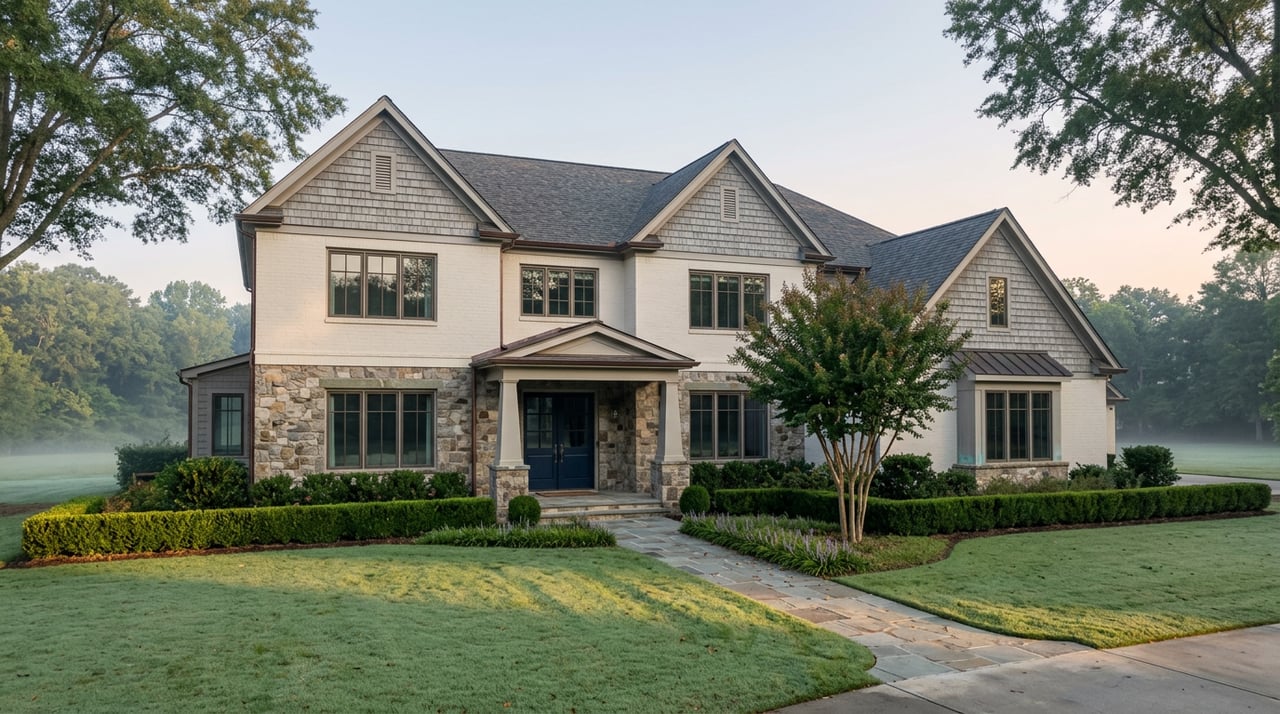 Detached two-story stone and off-white brick estate with navy double doors, a flagstone path, and mature trees.