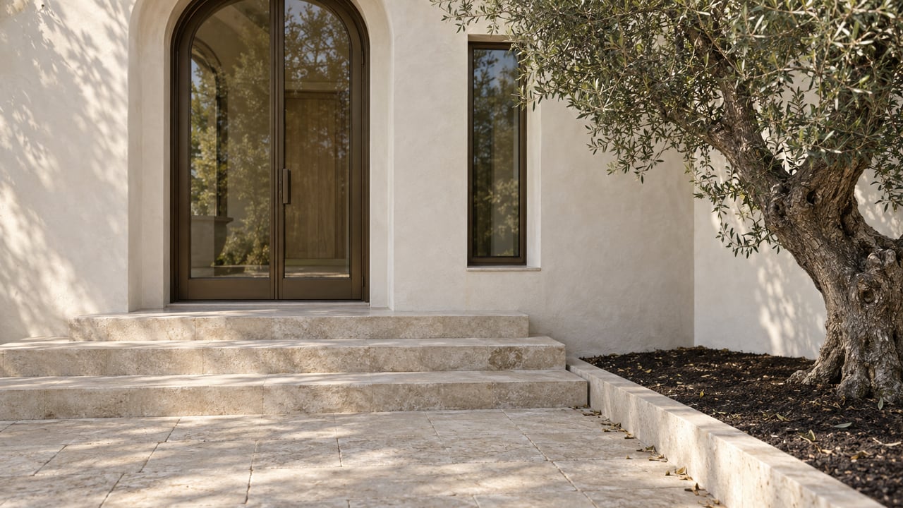 Arched bronze-framed glass entry door above limestone steps, beside an olive tree in a planted bed.