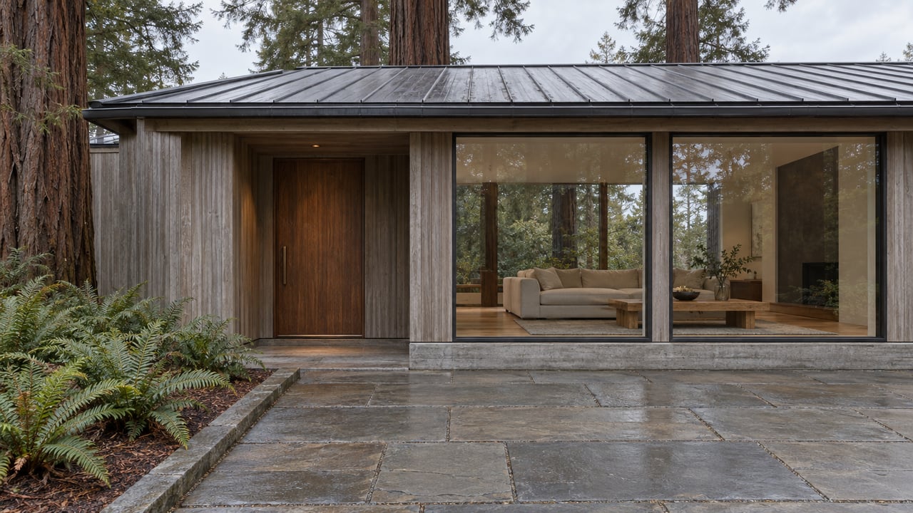 Weathered cedar home with a sheltered entry, broad sandstone approach and glass living room beside redwood trunks and sword ferns.