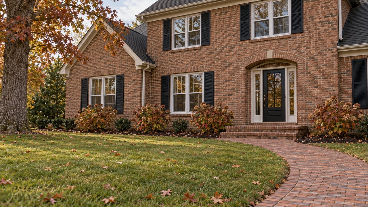 Two-story russet brick home with black shutters, a curved brick walk and a broad autumn lawn beneath a mature oak.