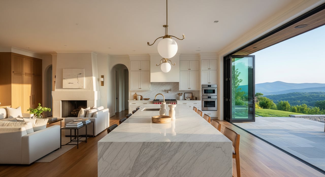 Marble kitchen island opens onto a patio through glass doors, with forested mountains beyond.