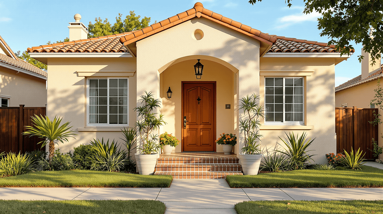 Welcoming front door of a charming single-family home in the San Fernando Valley with Spanish-style architecture and warm afternoon sunlight