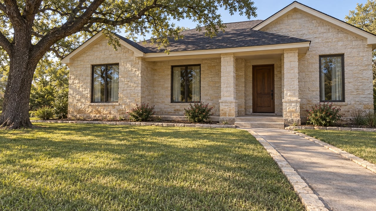 A single-story limestone home behind a broad lawn, with a shaded oak, bronze-framed windows, and a concrete entry walk.