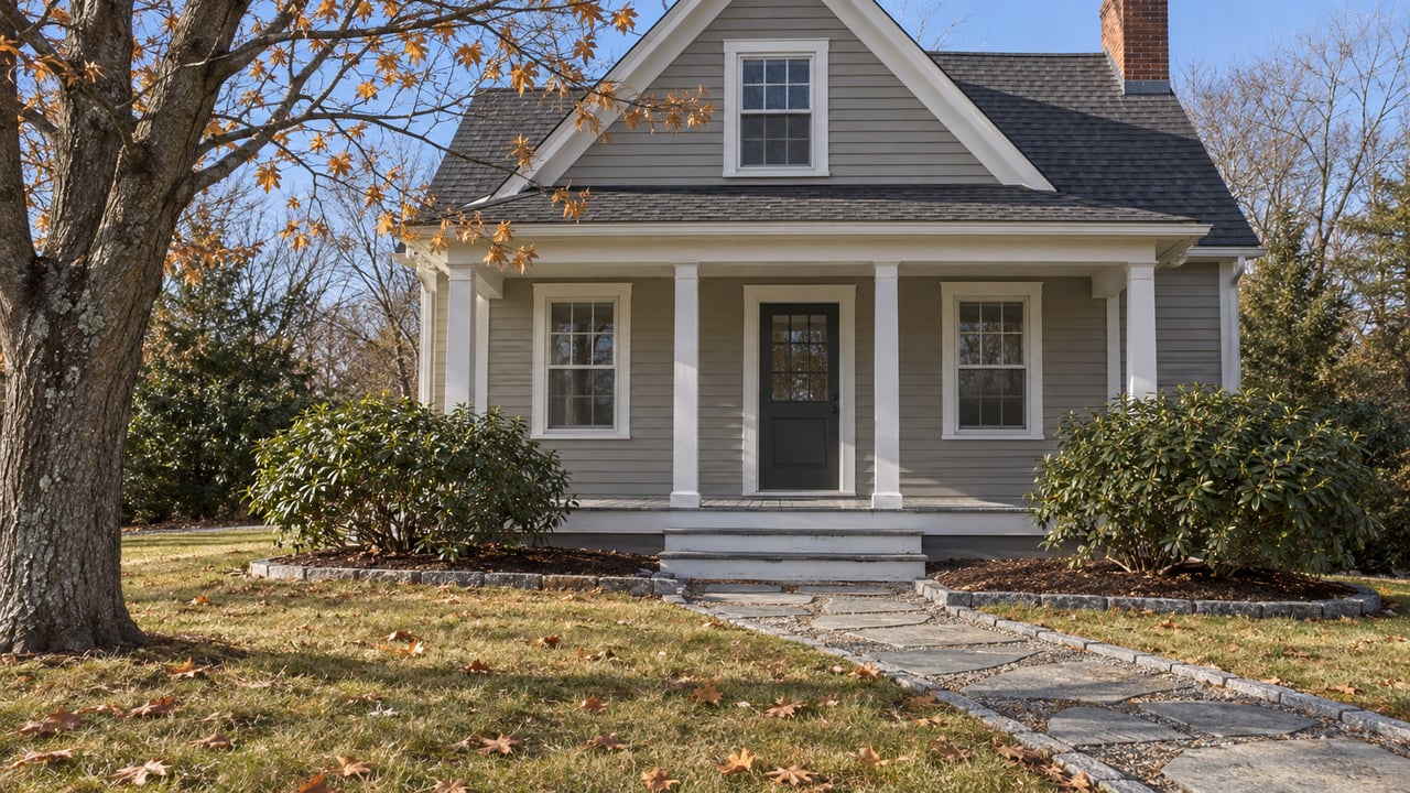 Gray clapboard home with a covered porch, granite walkway and a bare maple tree in a sunlit late-autumn yard.