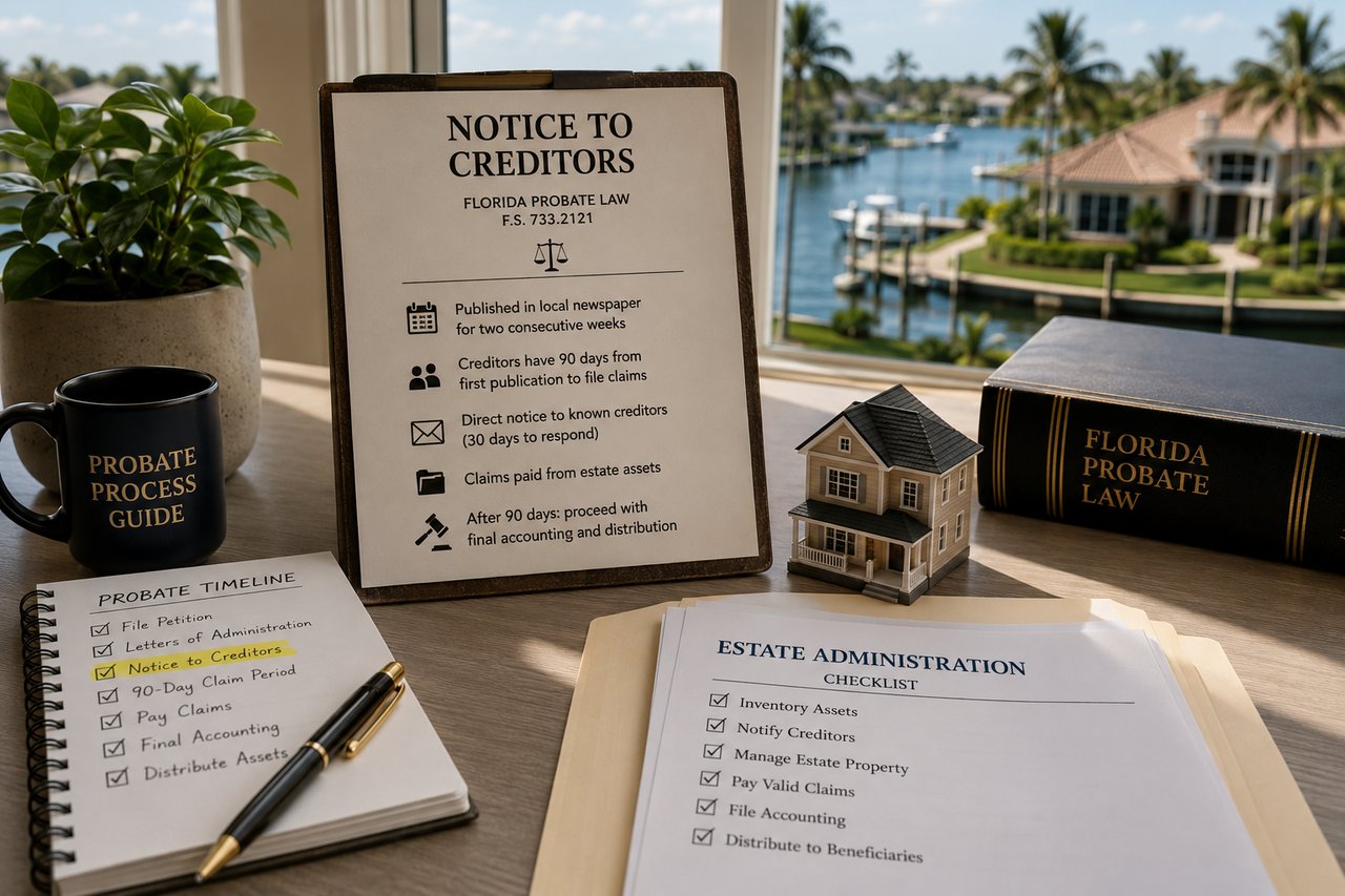 Illustration of Florida probate documents, Notice to Creditors paperwork, estate administration checklist, and a waterfront home representing the Florida probate process, creditor claim period, and selling inherited property in Southwest Florida.