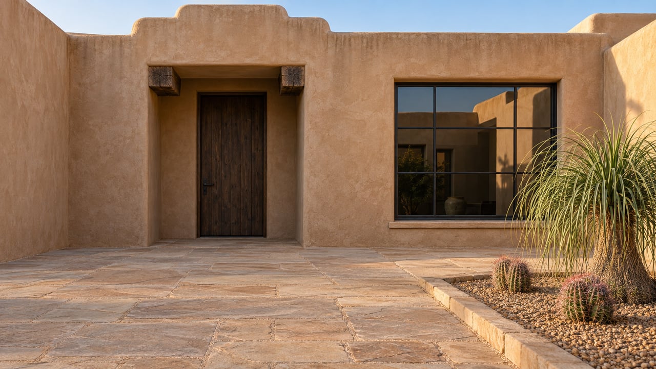 Clay-colored stucco home entry with a dark timber door, black steel window, sandstone paving and a small curated desert planting bed.