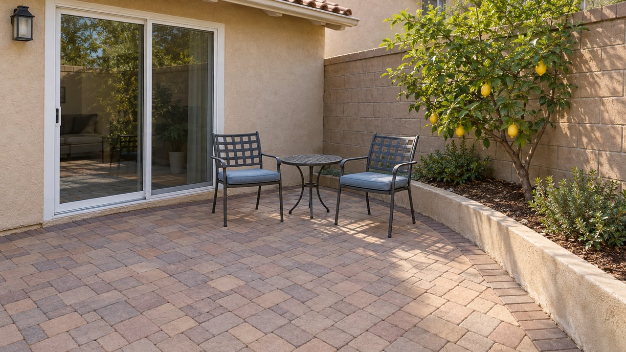 Sunlit stucco courtyard with curved concrete pavers, two blue-cushioned metal chairs and a lemon tree in a raised masonry bed.