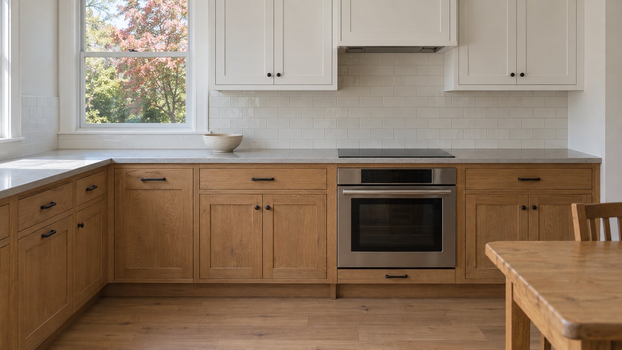 Sunlit kitchen with white upper cabinets, warm oak lower cabinets, pale counters and a closed window overlooking autumn maple leaves.