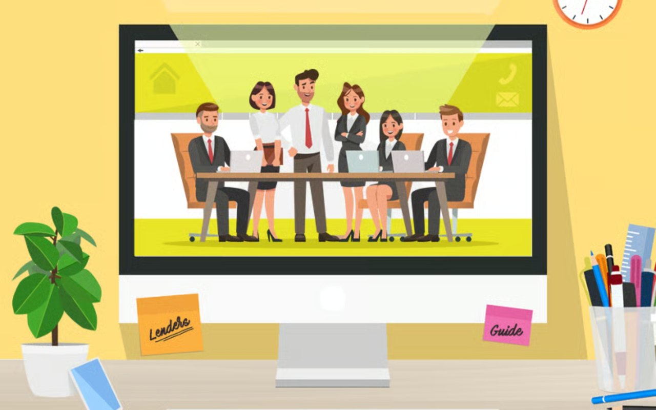 Mortgage lender guide illustration showing six businesspeople with laptops on a desktop monitor.
