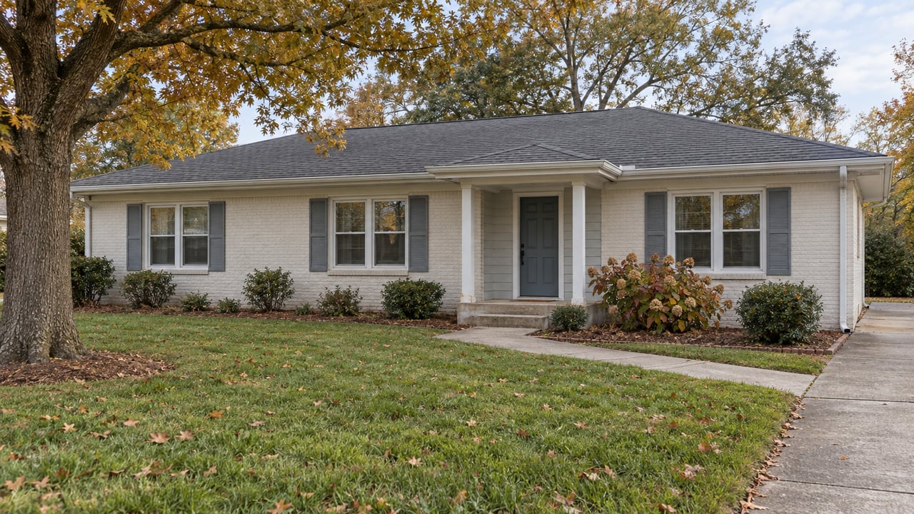 Modest painted-brick ranch with grouped windows, a shallow entry porch and a concrete walk across a deep autumn lawn beneath a mature oak.